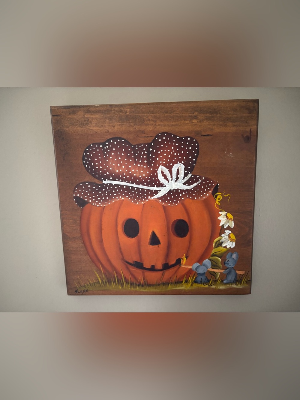 OOAK Vintage Painted Board Halloween Fall Pumpkin Daisy Mice Wall Art Decor 8.5”